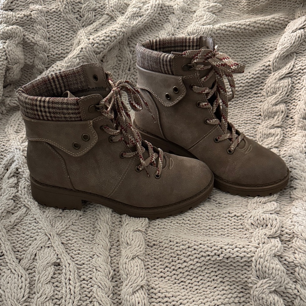 Maurices Taupe Lace-Up Combat Boots with Plaid Cuff